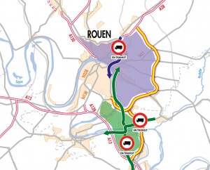 Périmètres de restriction aux poids-lourds en transit envisagés à l’horizon de la mise en service du projet